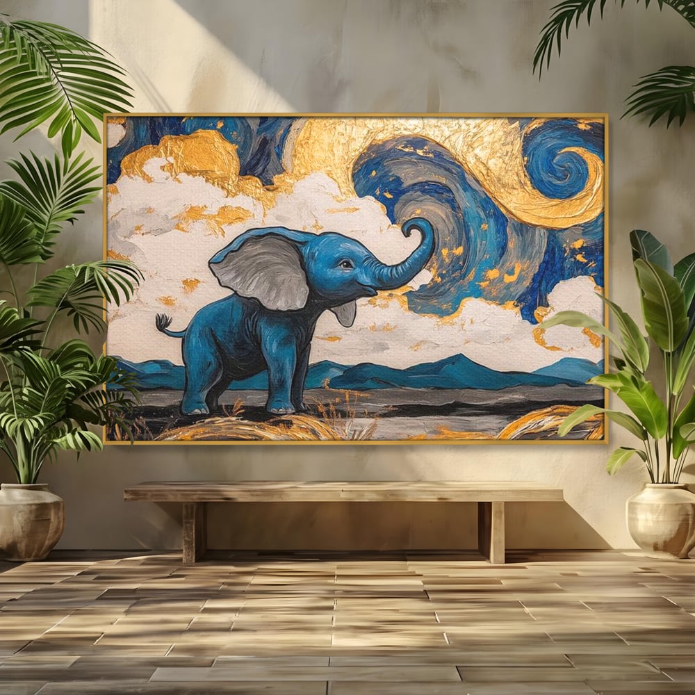 Tablou canvas cu tablou canvas cu elefant albastru, in rama de aluminiu auriu